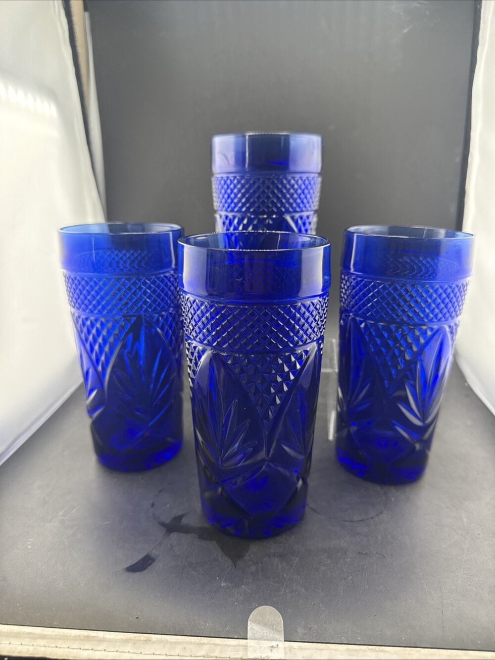 Vintage Libbey Cobalt Blue Cactus Agave Tumbler Glasses Set of 4 Heavy 16oz
